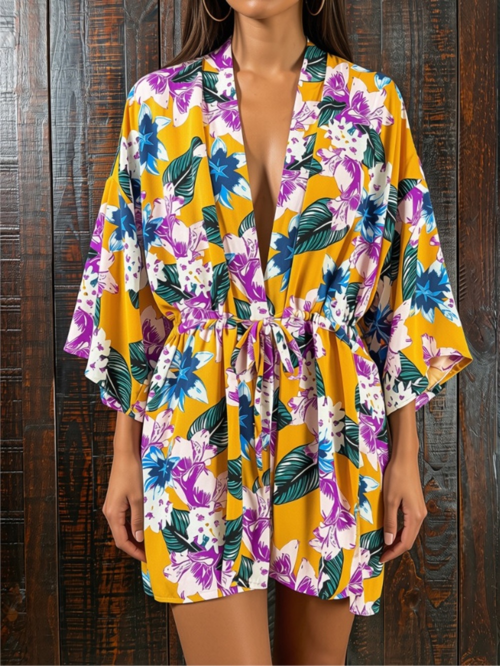 Golden Floral Tie Front Kimono NWT Large
